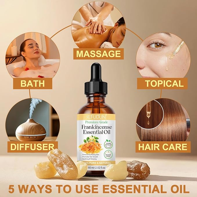 Frankincense Essential Oil, Frankincense Oil, Premium Grade Essential Oils for Face, Diffusers, Aromatherapy, Massage, Hair Care, Skin, Bath and Humidifiers, Pure and Natural - 60ml