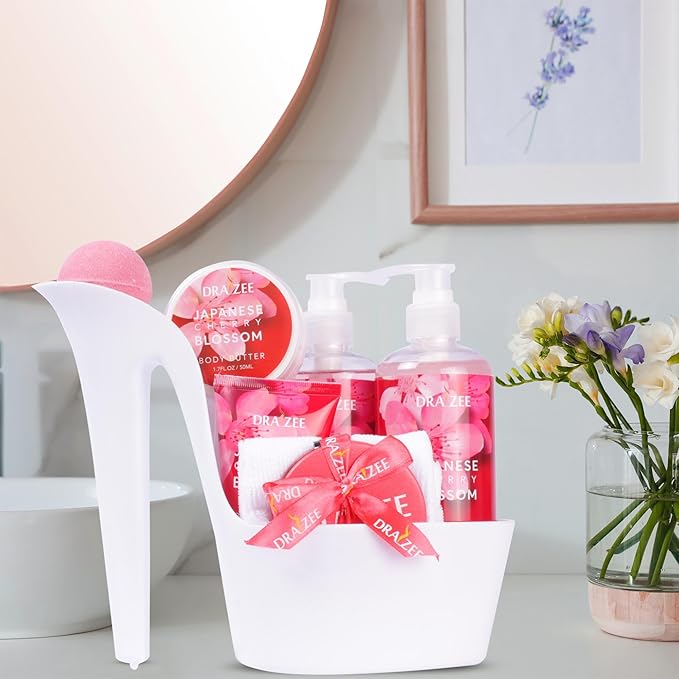 Draizee Mothers Day Gifts for Mom - Spa Gift Baskets for Women - 8 Pcs Luxury Cherry Blossom Scented Heel Shoe Design Bath and Body Spa Set-Self Care Package for Women, Presents for Mom, Body Care Set