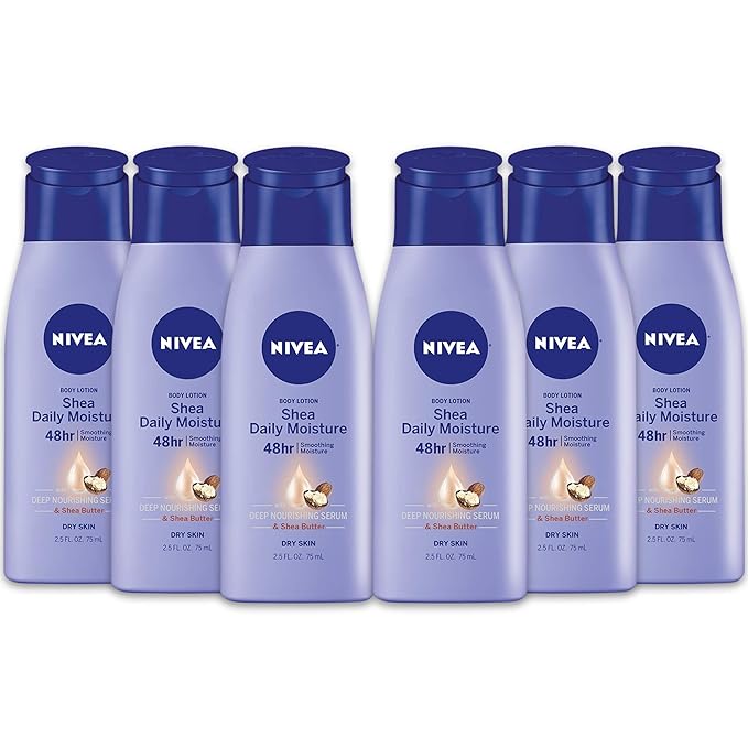 NIVEA Shea Nourish Body Lotion, Dry Skin Lotion with Shea Butter, Pack of 6, 2.5 Fl Oz Travel Size Toiletries