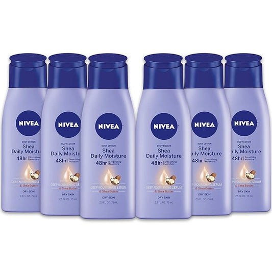 NIVEA Shea Nourish Body Lotion, Dry Skin Lotion with Shea Butter, Pack of 6, 2.5 Fl Oz Travel Size Toiletries