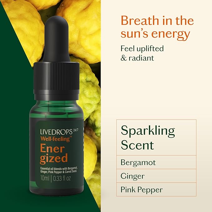 Livedrops 24/7 Energized Essential Oil Blend, Bergamot, Ginger, Pink Pepper Natural Aromatherapy for Energy & Focus Skin-Safe & Diffuser-Ready Clinically Tested Crafted in France