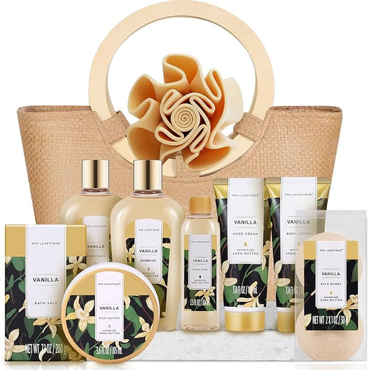 Spa Luxetique Spa Gift Baskets for Women - Vanilla Bath Set with Bubble Bath, Body Lotion Gift Set, Vanilla Spa Set, Birthday Woman Gifts, Mothers Day Gifts for Mom