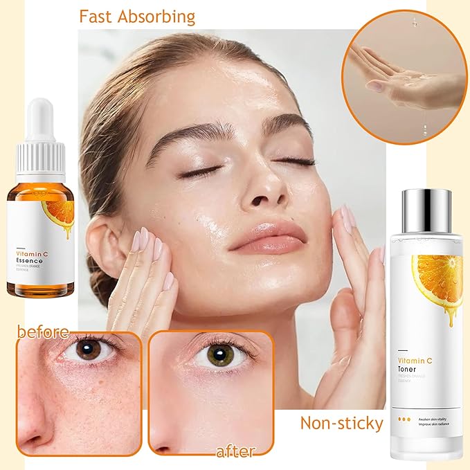Vitamin C Skincare Set,Hydrating Travel Size Face Wash,Moisturizing Face Toner & Face Serum & Face Cream,Eye Cream Skin Care Gift Set for Women(9PCS)