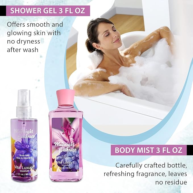 Midnight Embrace Bath & Body Kit, 3 Fl Oz, Ideal Skincare Gift Home Spa Set, Includes Body Lotion, Shower Gel, Body Cream, and Fragrance Mist, Birthday Mother's Day Gifts