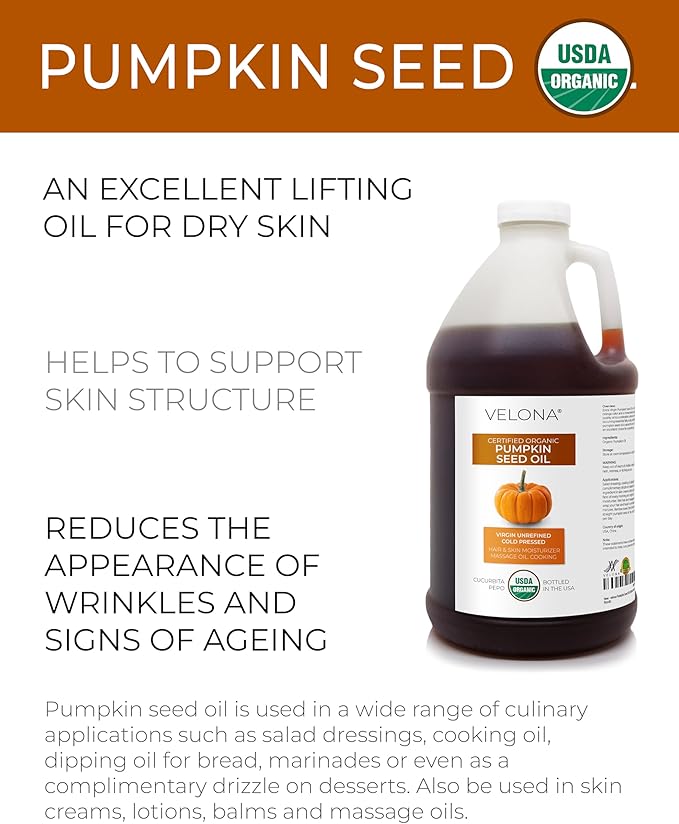 velona Pumpkin Seed Oil USDA Certified Organic - 64 Fl Oz | 100% Pure and Natural Carrier Oil | Unrefined, Cold Pressed | Cooking, Face, Hair, Body & Skin Care | Use Today - Enjoy Result