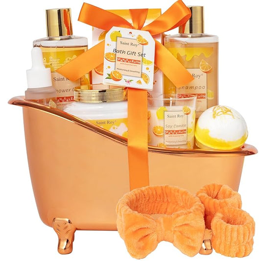 Orange Scents spa gift set Great Gift Lemon Spa Gifts for girls, Body care Set Birthday Gifts, Gift Baskets for Women, 11pcs Bath Gift Set for Women, Self Care Spa Kit Lemon Citrus Spa Gift Basket