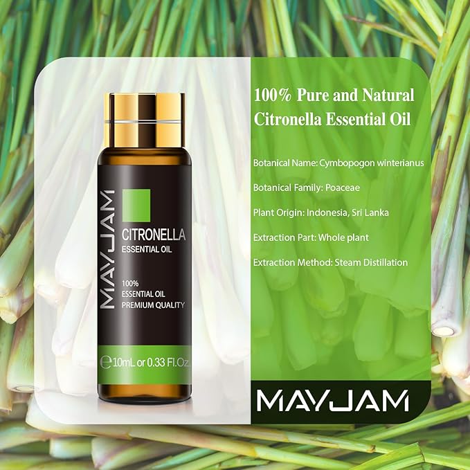 Citronella Essential Oil, MAYJAM 10ML/0.33FL.OZ Premium Citronella Oils for Soap Candle Making, Diffuser, Bedroom, Living Room, Office