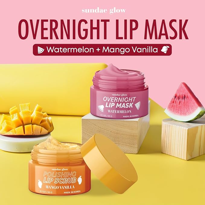 Mango, Vanilla & Watermelon Duo Lip Mask & Scrub - Dermatologist Tested, Anti-Aging, Korean Skin Care, Deep Hydration - Smooth, Soft & Plump Lips - Clean Beauty, Vegan, Non-GMO - 1 Pack