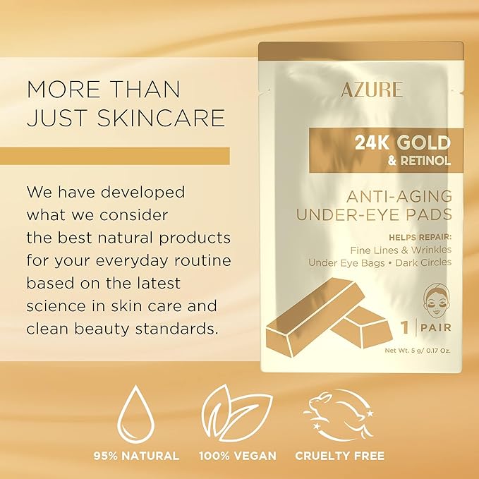 AZURE 24K Gold & Retinol Anti Aging Under Eye Patches - Firming, Restoring & Deeply Hydrating Eye Mask - Reduces Fine Lines, Wrinkles, Dark Circles & Puffiness - Skin Care Made in Korea - 10 Pairs