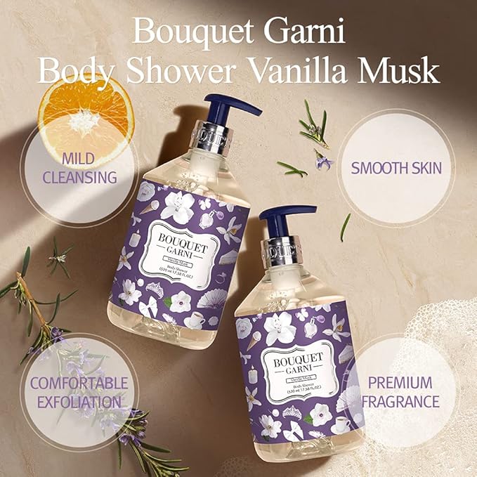 Bouquet Garni Body Shower Vanilla Musk Fragrance - Gentle Cleaning, Skin Care, Long-lasting Fragrance (Containing Tea Tree and Lavender Extract) - 17.6 oz