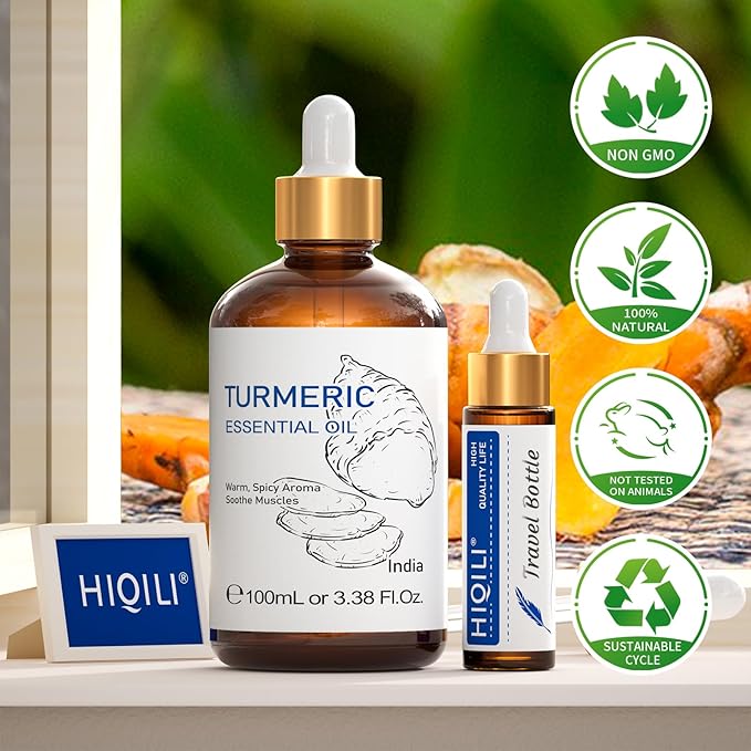 HIQILI 100ML Turmeric Oil for Face Skin Care, Aromatherapy,100% Pure, Use After Dilution- 3.38 Fl Oz