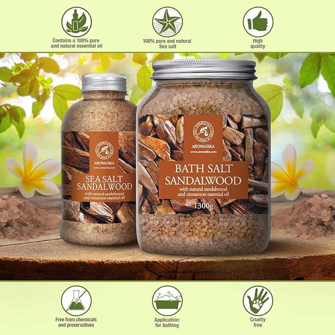 Bath Salts Sandalwood 21.16 Oz - Natural Sandalwood & Cinnamon Essential Oil - Sea Salt - Best for Bath - Good Sleep - Relaxing - Body Care - Beauty