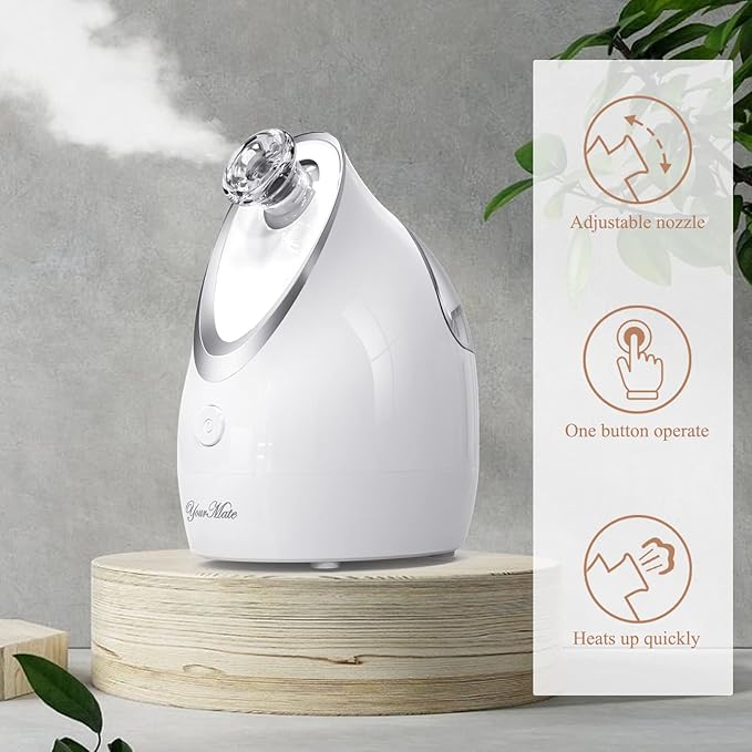 YourMate Facial Steamer Nano Ionic Face Steamer, Adjustable Nozzle with Aromatherapy Warm Mist for Sinuses Moisturizing Humidifier Unclogs Pores, Homeuse Vaporizador Facial (White)
