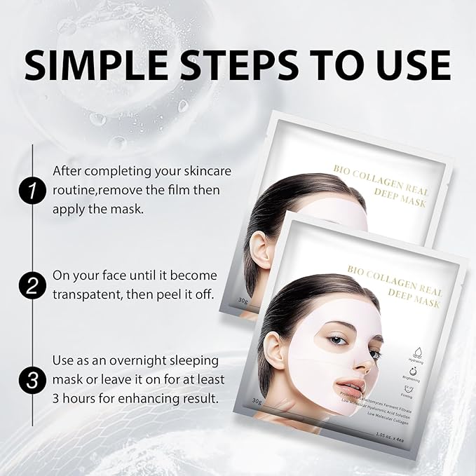 IREV Bio-Collagen Face Mask Deep Overnight Hydrating Face Mask for Wrinkles Selfcare Sheet Skin Care Facial Treatments & Masks for Women Firming and Moisturizing Elasticity Anti-Wrinkle 4 Pack