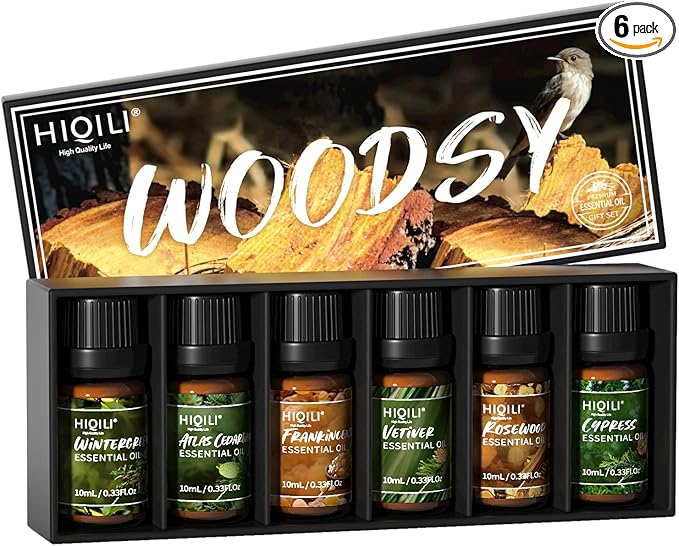 HIQILI 100% Pure Woodsy Essential Oil Set, 6x10ml, Cedarwood, Wintergreen, Frankincense, Vetiver, Rosewood, Cypress - Aromatherapy, Massage, Skin Beauty, Perfume, Gifts