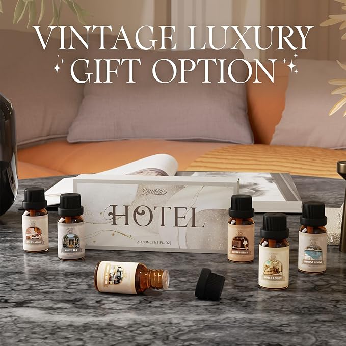 SALUBRITO Hotel Fragrance Oil Set, Luxury Essential Oil Set for Diffuser, Candle, Soap Making Scents, Luxury Night, White Tea, Lemon & Thyme, Citrus Bliss, Hotel Lobby, Jasmine & Mint, Strong Scented
