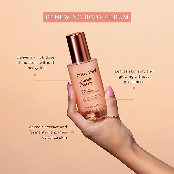 NATIVA SPA O BOTICÁRIO, Acerola Cherry Renewing Body Serum, Lightweight Hydration for Luminous Skin, 3.38 Ounce (100 ml)