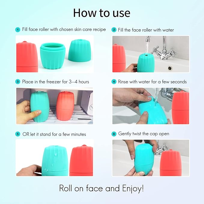 2Pack Silicone Ice Roller for Face Puffiness and Brightening Skin Glow, Reusable Facial Ice Mold with Freezer.