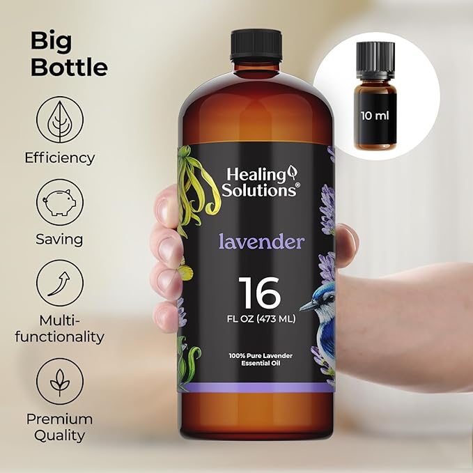 Healing Solutions Lavender Essential Oil Bulk, 16oz - 100% Pure Bulk Lavender Oil for Diffuser, Skin, Spray, Laundry - for Lavender Oil Spray - Lavender Oil for Cleaning - Aromatherapy Diffuser Oil
