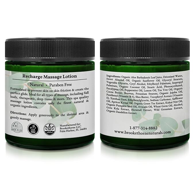 Recharge Massage Lotion for Massage Therapy & Home Use | Cream for Effortless Glide Massaging Body Lotion | Shea Butter, Coconut Oil, Eucalyptus, Peppermint Essential Oil - Brookethorne Naturals