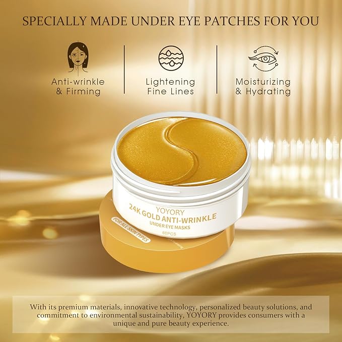 Gold Infused Eye Patches - 24K Gold Eye Masks for Dark Circles, Puffy Eyes, and Wrinkles, Anti-Aging Treatment with Collagen & Hyaluronic Acid, Deep Hydration & Firming (60 Pcs)