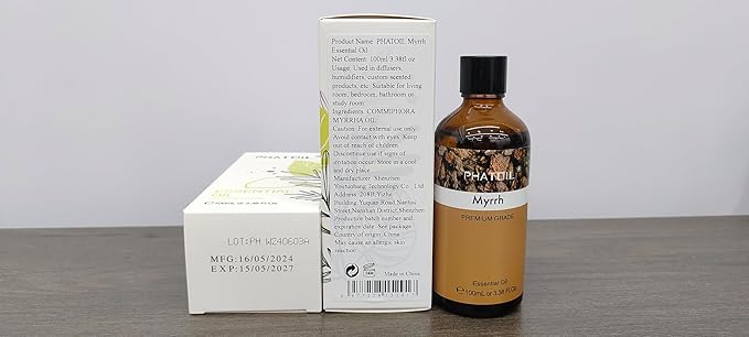 Myrrh 3.38fl.oz Essential Oil, PHATOIL Pure Aromatherapy Oils for Diffuser, Humidifier, Perfect for DIY Soap, Candle, Bath Bombs Making(100ml)