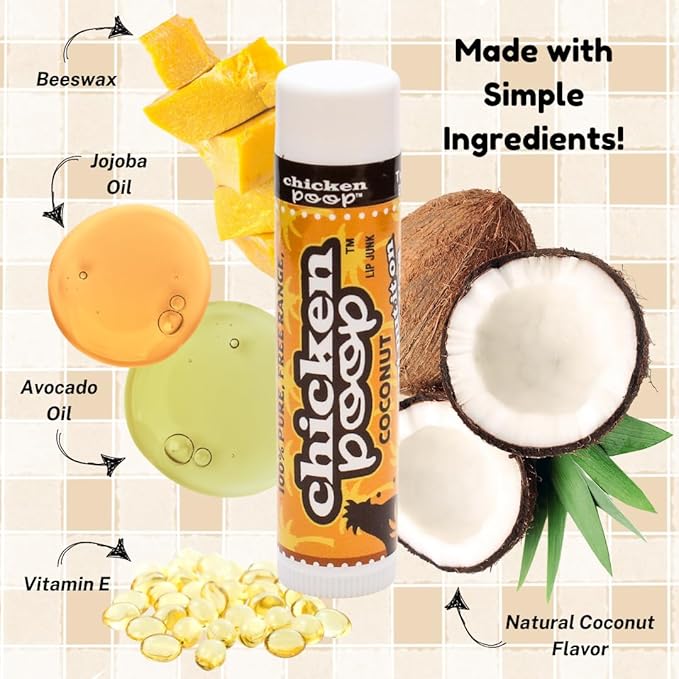 Chicken Poop Lip Balm Simone Chickenbone Coconut 100% Natural Moisturizer for Dry Chapped Lips, 0.15 oz (Pack of 4)