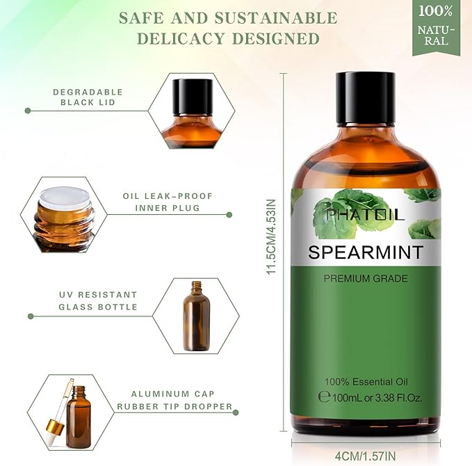 Spearmint 3.38fl.oz Essential Oil, PHATOIL Pure Aromatherapy Oils for Diffuser, Humidifier, Perfect for DIY Soap, Candle, Bath Bombs Making(100ml)