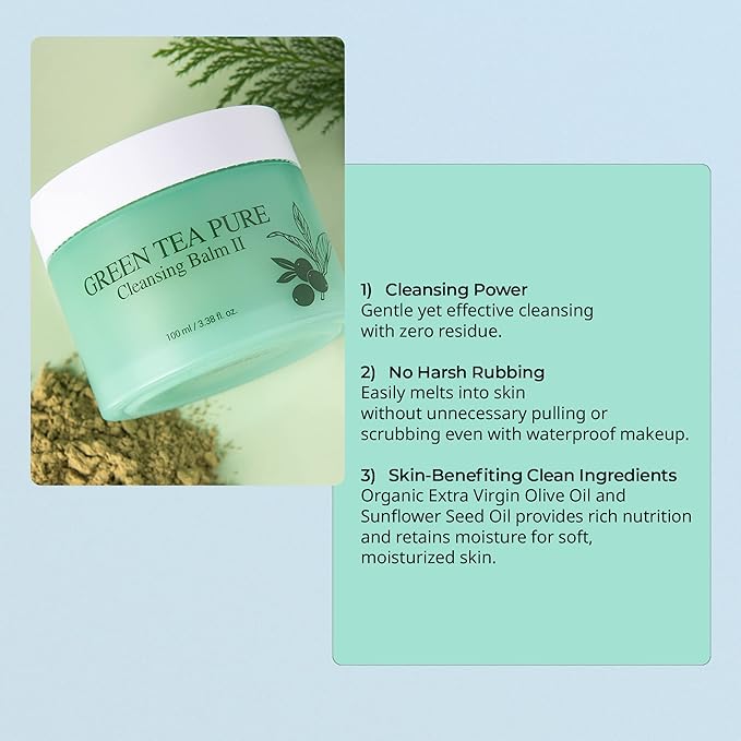 YADAH Green Tea Cleansing Balm II (3.38fl oz) - Makeup Remover, Moisturizing, Residue-Free. Korean Skin Care. Vegan, For Sensitive Skin, Botanical oil extract.