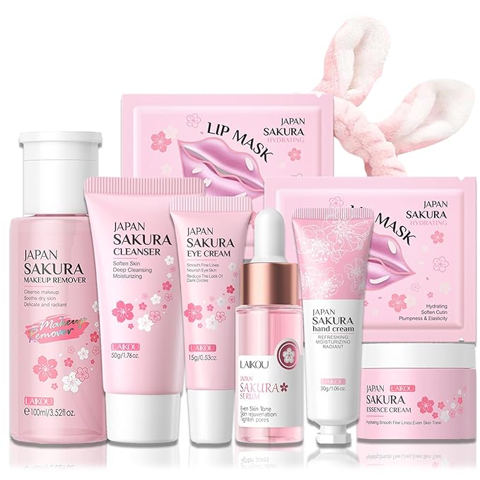 9 In 1 Japan Sakura Skin Care Set, Skincare Set For Women, Face Care Set For Women With Makeup Remover,Cleanser,Eye Cream,Serum,Hand Cream,Moisturizer, Travel Essentials Set