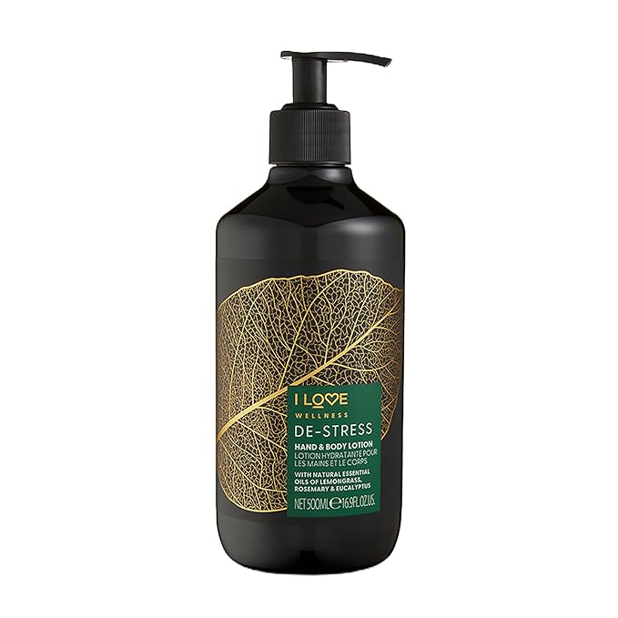 I Love Wellness De-Stress Hand and Body Lotion - Moisturizing Lotion for Dry Skin - Vitamin E Lotion - Lemongrass and Eucalyptus Scent - 16.9 oz