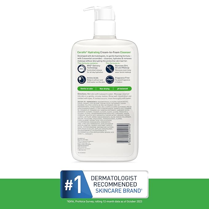 CeraVe Hydrating Cream To Foam Cleanser, Makeup Remover Face Wash For Dry Skin, Foaming Facial Cleanser With Hyaluronic Acid, Normal To Dry Skin, Fragrance Free & Non Comedogenic, 19 Fluid Ounce