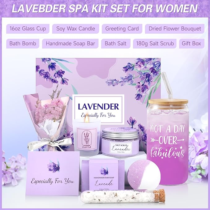 Spa Gift Baskets for Women, Birthday Gifts for Women, Lavender Gifts Set, Relaxing Spa Gift Box, Bath and Body Gift Set for Her Mom Wife Sister, Friends, Self Care Gifts for Woman Mother's Day Gifts