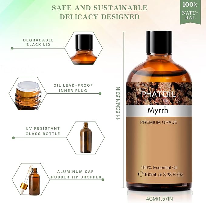 Myrrh 3.38fl.oz Essential Oil, PHATOIL Pure Aromatherapy Oils for Diffuser, Humidifier, Perfect for DIY Soap, Candle, Bath Bombs Making(100ml)