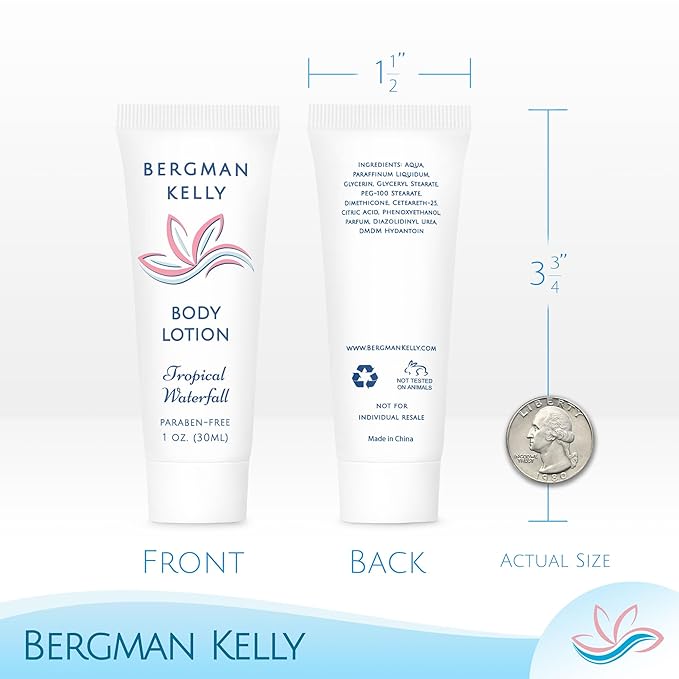BERGMAN KELLY - Travel Size Lotion - 1 fl oz, 200 PK, Tropical Waterfall - Delight Your Guests w/Invigorating & Refreshing Body Lotion - Quality Mini & Small Size Guest Hotel Toiletries in Bulk