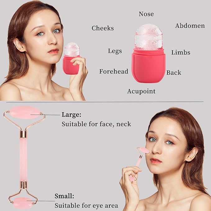 Facial Skincare Ice Roller Mold-Ice Roller for Face and Eye,Beauty Cube Brighten Skin &Enhance Natural Glow &Remove Fine Lines,Facial Beauty Ice Roller Skin Care Tools (Oval, pink set)