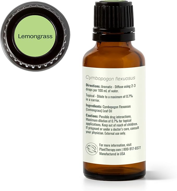 Plant Therapy Lemongrass Essential Oil 100% Pure, Undiluted, Natural Aromatherapy for Diffuser and Skin, Therapeutic Grade 30 mL (1 oz)