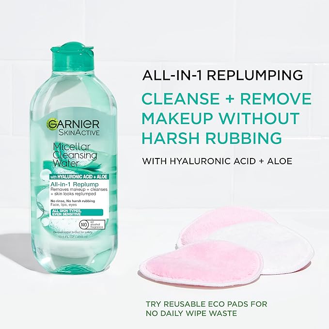 Garnier Micellar Water with Hyaluronic Acid, Facial Cleanser & Makeup Remover, Hydrating and Plumping, For All Skin Types, Vegan, Cruelty Free, 13.5 Fl Oz (400mL), 1 Count