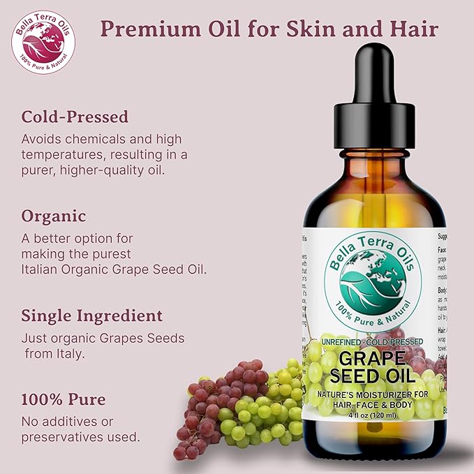 Bella Terra Oils - Organic Grape Seed Oil 16 oz - Celebrate the Essence of Cold-Pressed Organic Grapes, Rich in Vitamin D & Beta-carotene, The Ultimate Skin Nourishing Experience