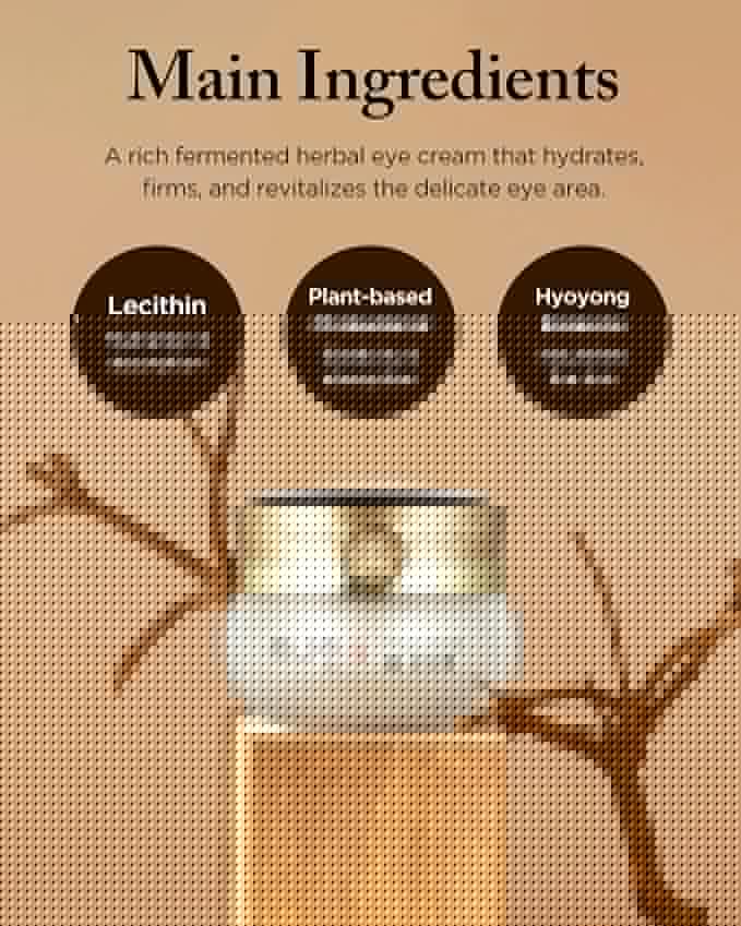 Hyoyong Korean Traditional Herbal Fermented Eye Cream Anti-Aging Treatment for Fine Lines Dark Circles with Lecithin, Botanical Extracts, Revitalizing for Sensitive Skin, 1.01 oz.