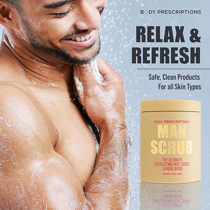 Body Prescriptions Men’s Exfoliating Body Scrub – Ultimate Skin Cleansing Wash in Jar with Twist-Top Lid, For All Skin Types, 21 Ounce (Pack of 1), Sandalwood