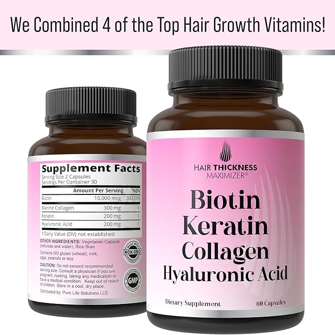 Biotin + Keratin + Marine Collagen + Hyaluronic Acid, 4-in-1 Hair Growth Vitamins with 10000mcg Biotin Capsules, Thickening Complex for Women & Men with Hair Thinning