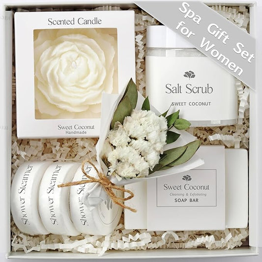 Sweet Coconut Spa Gift Baskets for Women – Luxury Birthday Bath Gifts for Mom, Wife, Sister, Friend - Self-Care and Relaxation Mother’s Day Gifts - Gift Baskets for Her for All Occasions