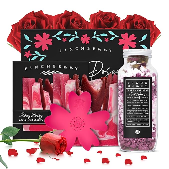 FinchBerry Rosey Posey Gift Set - Ideal Gifts Romantic Occasions, Anniversaries, Birthdays, Womenโs Day, Housewarming, or Get Well Soon - Spa Gift Set With Handmade Soap, Fizzy Salt Soak & Soap Dish