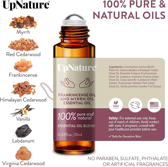 UpNature Frankincense Oil and Myrrh Essential Oil Roll On - 100% Natural Aromatherapy Blend Roller for Skin