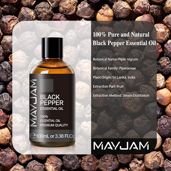 Black Pepper Essential Oil, MAYJAM Pure Essential Oils for Diffusers, 3.38FL.OZ/100ML Large Volume Black Pepper Essential Oil for Home Yoga Massage Use