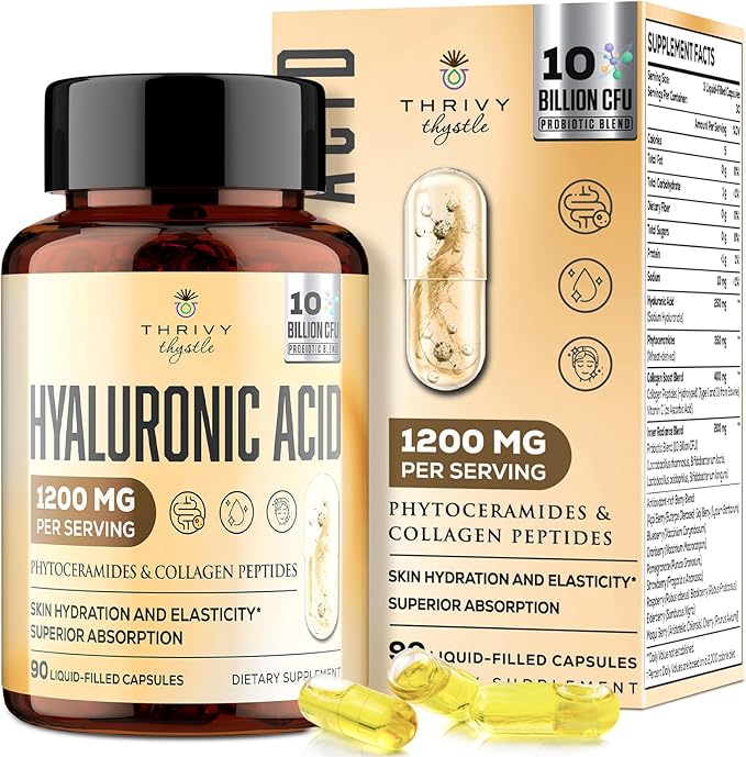 19-in-1 Hyaluronic Acid Capsules - Hylunaric Acid 1200 mg, with Collagen Peptides, Vitamin C, Phytoceramides - for Skin, Eyes, Gastrointestinal, Bones & Joint Lubrication (1 Pack)