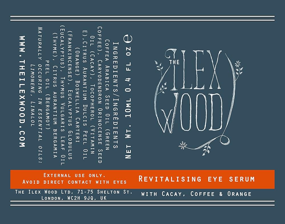 The Ilex Wood - Revitalising Eye Serum. An all-natural vegan anti-ageing serum with Cacay Oil, Green Coffee Arabica Oil, Frankincense, Eucalyptus, Thyme, Bergamot & Orange - 10ml (0.34 fl oz)