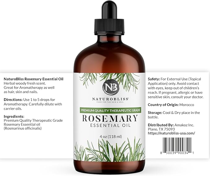 NaturoBliss 100% Pure Rosemary Essential Oil Therapeutic Grade Premium Quality (4 fl. oz) with Glass Dropper, Perfect for Aromatherapy