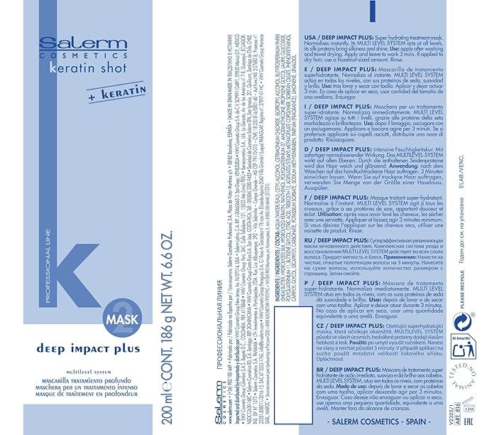 SALERM - Hydrating Hair Mask - Deep Impact Plus - 200 ml - Deep Hair Hydration - For Use After Keratin Shot + Keramix Treatment - Smooth and Straight Hair